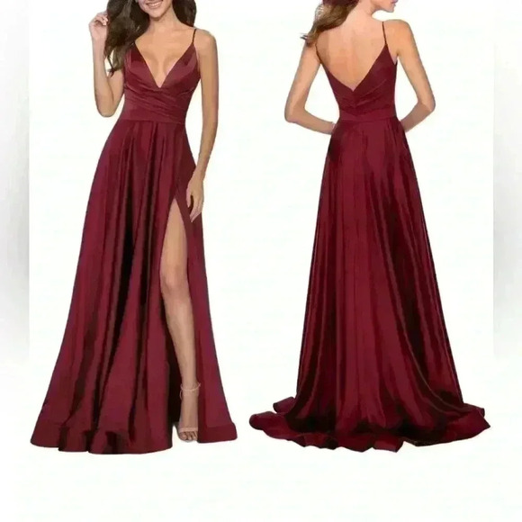 NEW La Femme Wine Red Sleeveless V-Neck High Leg Slit A-Line Gown size 14 - Picture 3 of 9